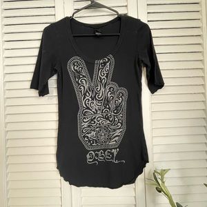 Obey Grey Hamsa Peace Sign Yoga Tee Shirt